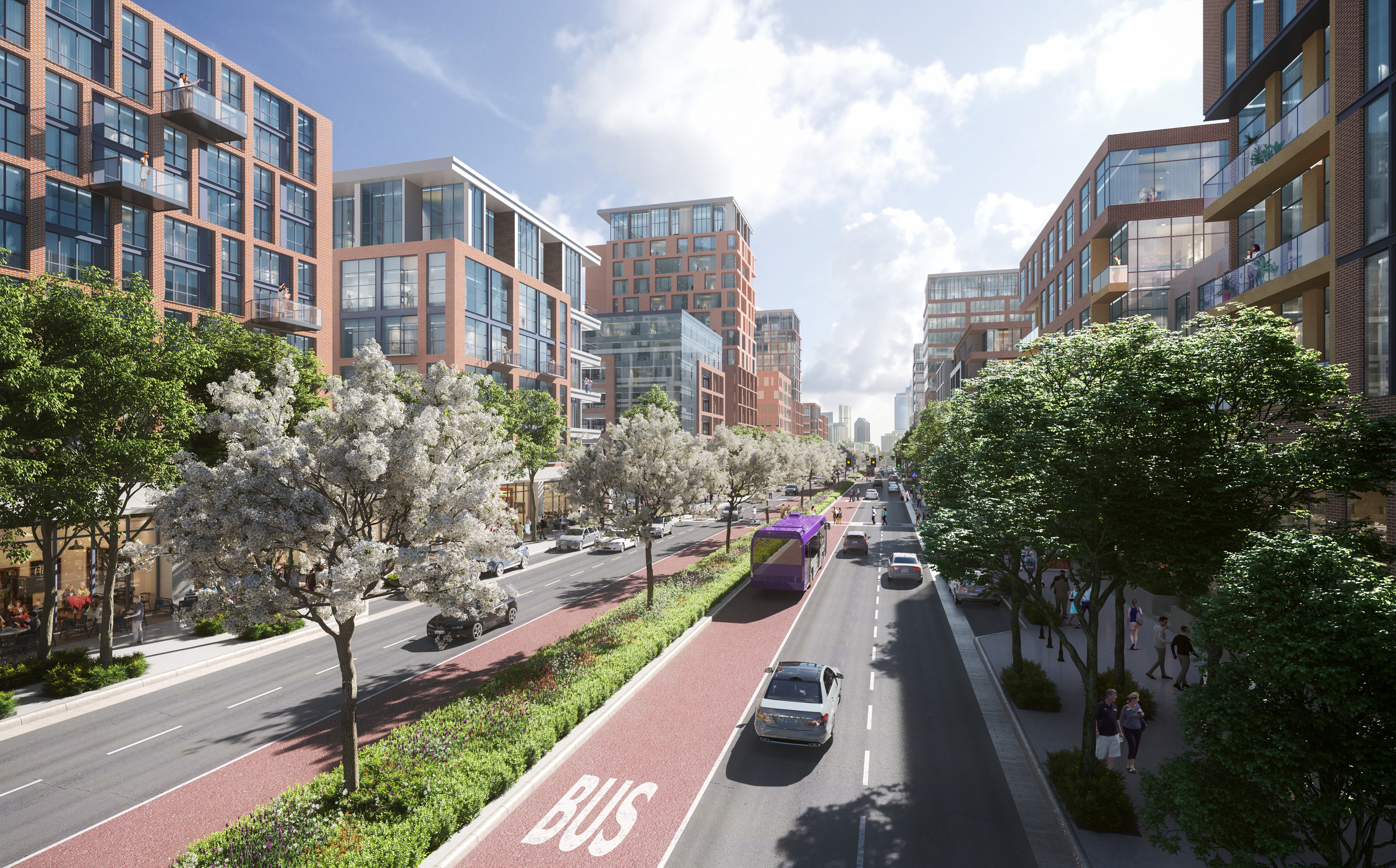 A rendering of the new boulevard that will serve as a central spine through the new Nashville East Bank, including wide pedestrian sidewalks, bike lanes, and dedicated bus lanes. 