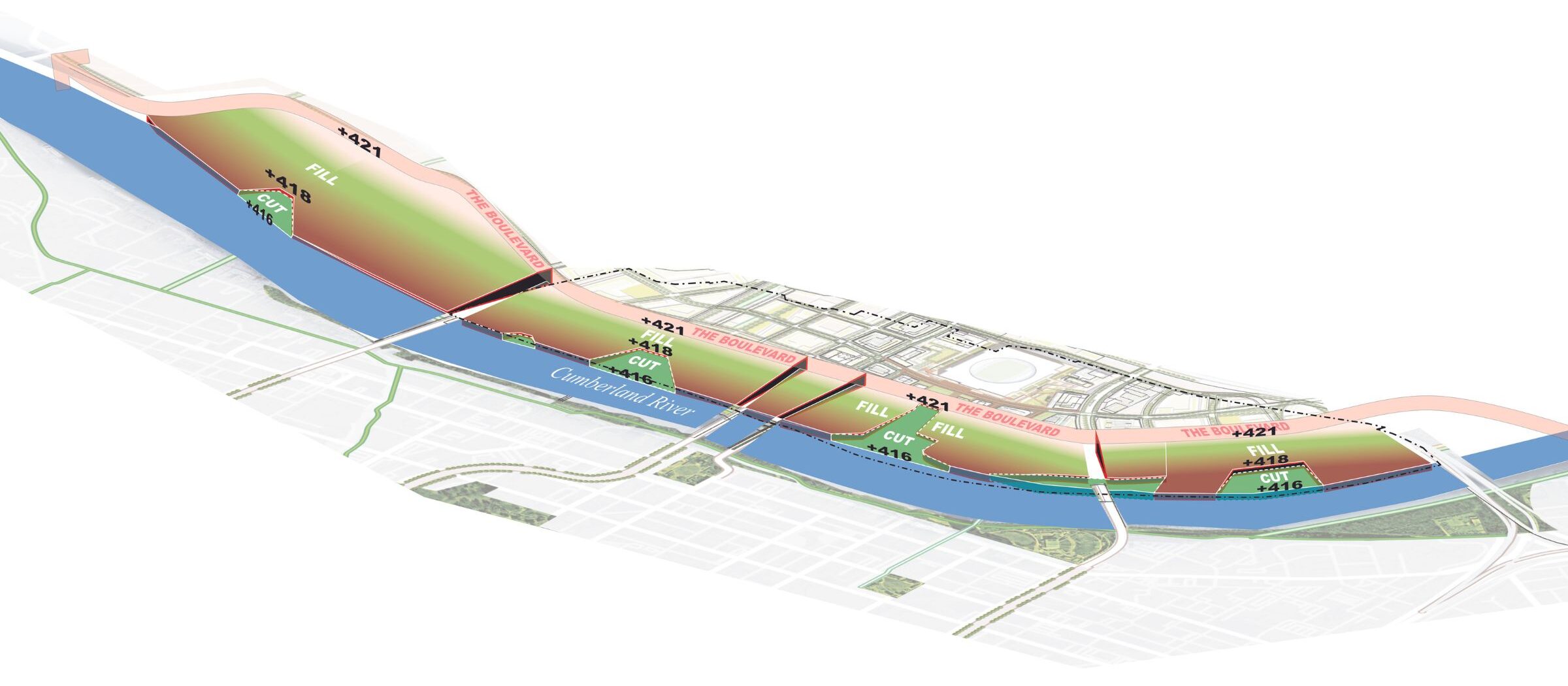 A rendering of the Cumberland River and the Nashville East Bank shows a "cut and fill" concept where some areas will be built up above historic flood levels, while other areas will be cut out to channel stormwater back into the river in a more orderly fashion. 