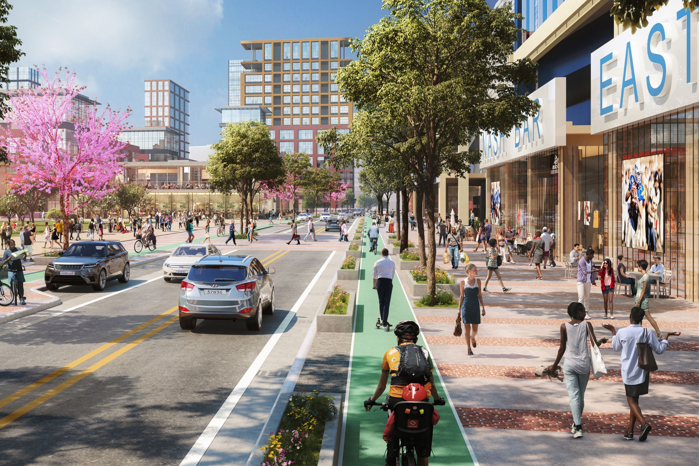 A rendering of the dedicated bike lane along Second Street in Nashville's new East Bank. 