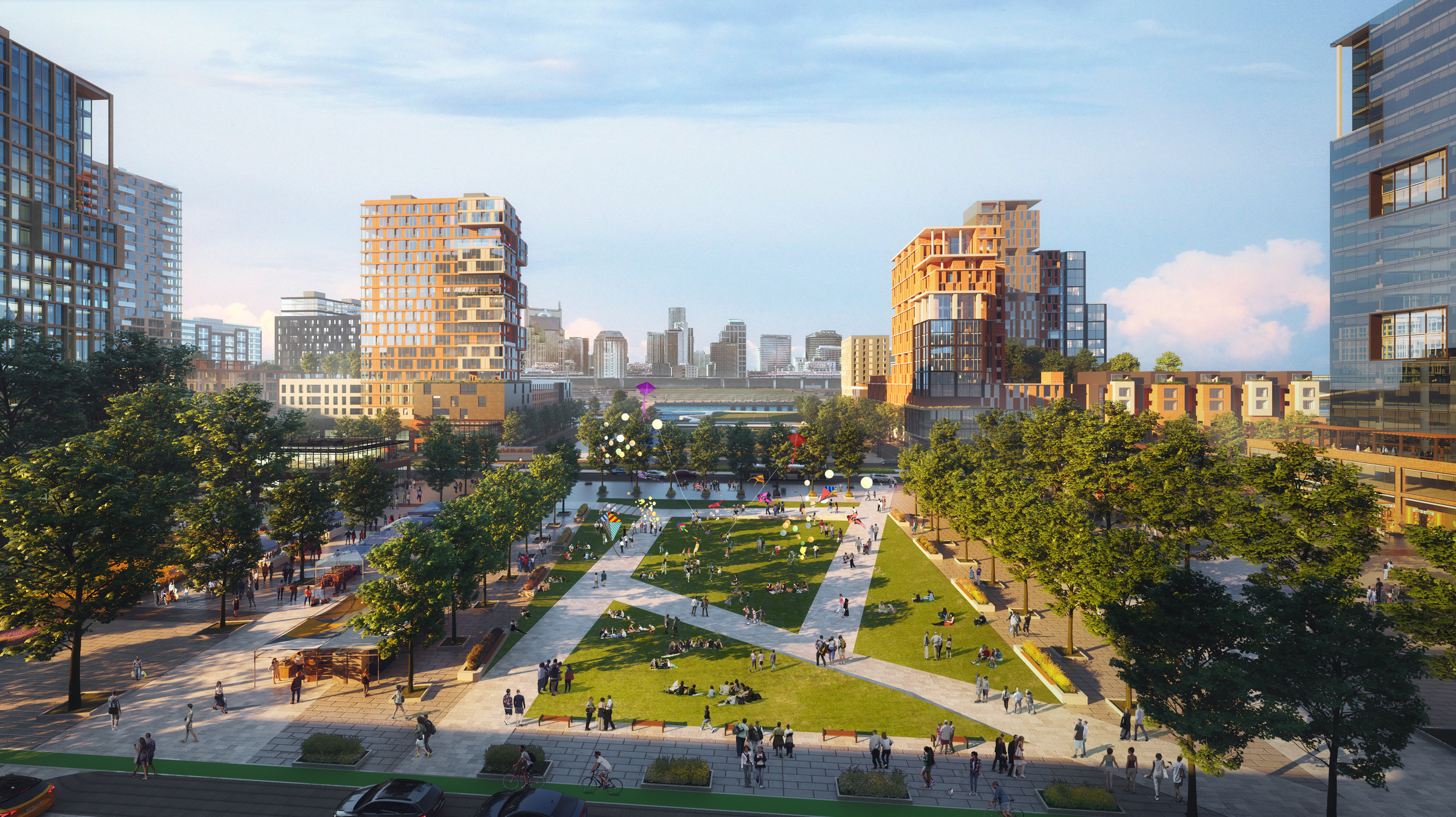 A rendering of the new Central Park in Nashville's East Bank development plan -- a combination of grass, trees, and walking paths. 