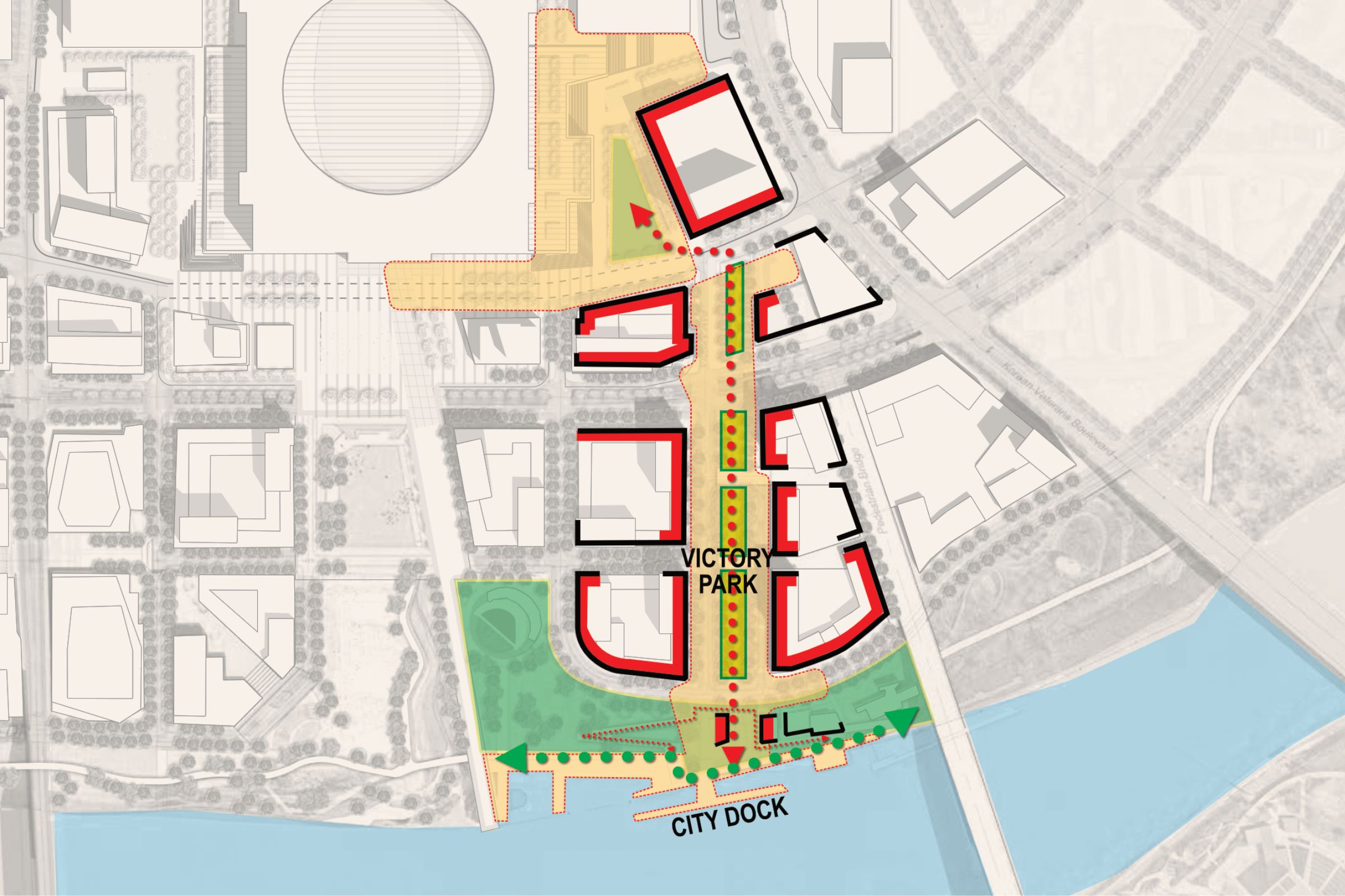 A map diagram of the new Victory Park, which will connect the new NFL stadium in Nashville's East Bank to the riverfront. 