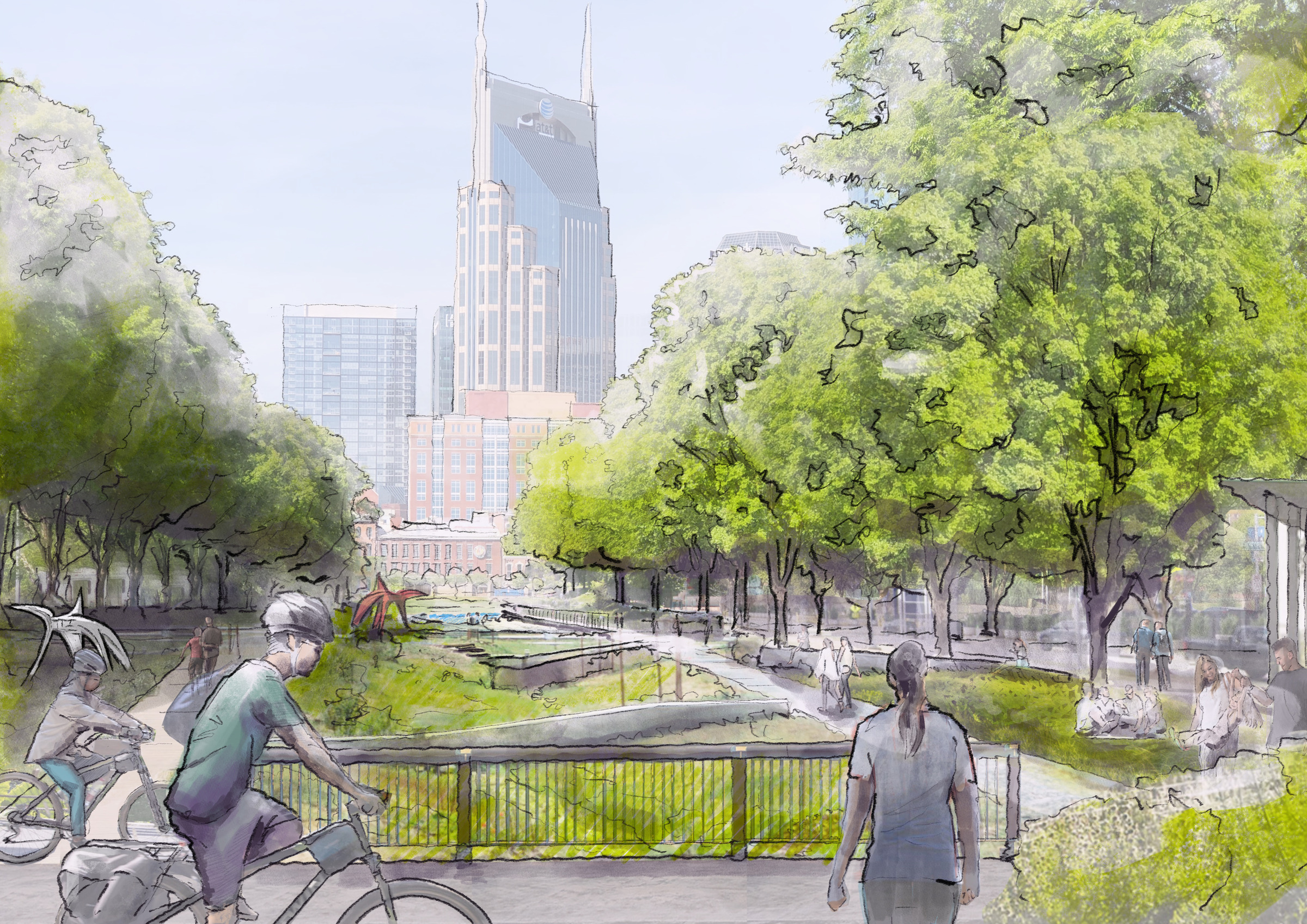 A rendering illustrates Victory Park as it leads down from the new stadium in Nashville's East Bank to the Cumberland River. 