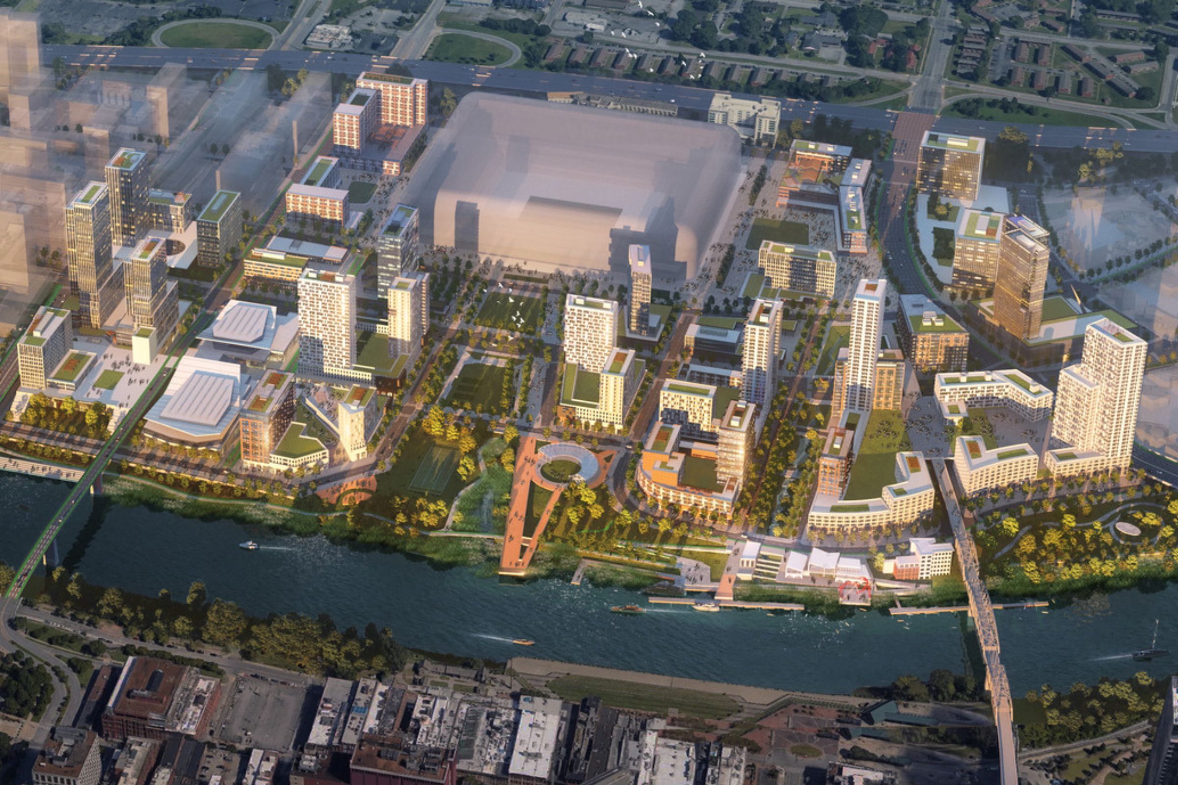 An aerial rendering of Nashville's East Bank, with the new NFL stadium at its center. 