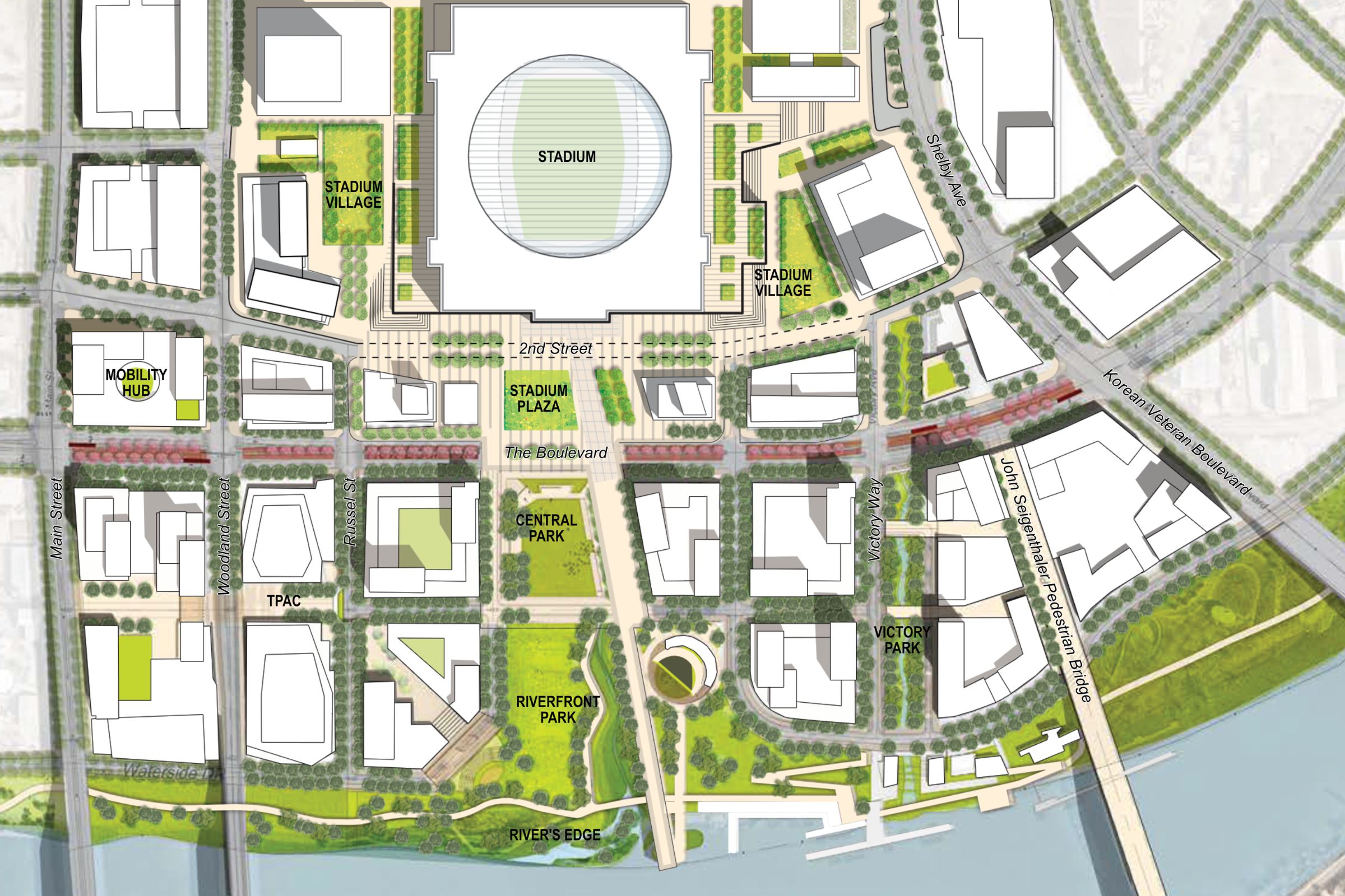 A map diagram depicting the network of parks the lead from the new Nashville NFL Stadium to the Cumberland River waterfront