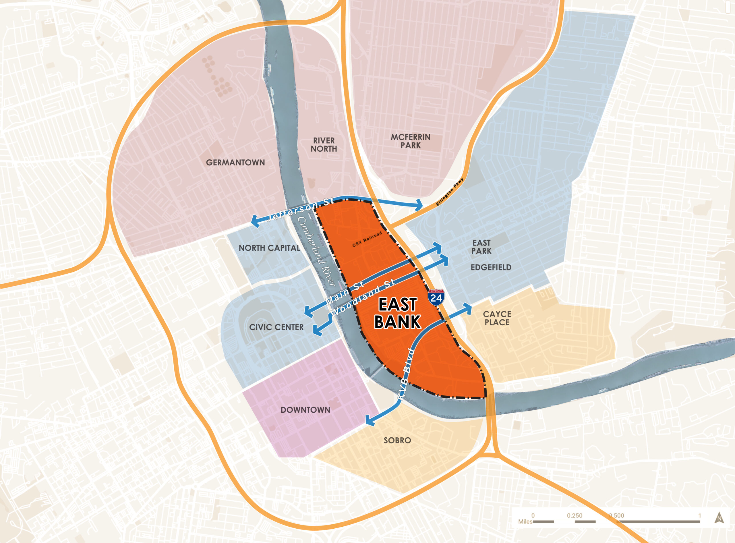 A map of Nashville's East Bank, showing the four existing bridges that cross from it into the city's downtown core. 