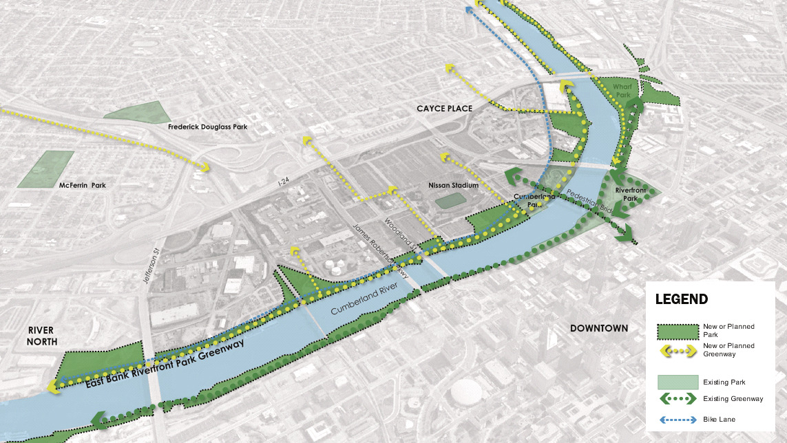 A map diagram illustrates how a new greenway branch will connect the Nashville East Bank’s grid and city-wide trail system along the under-utilized riverfront.