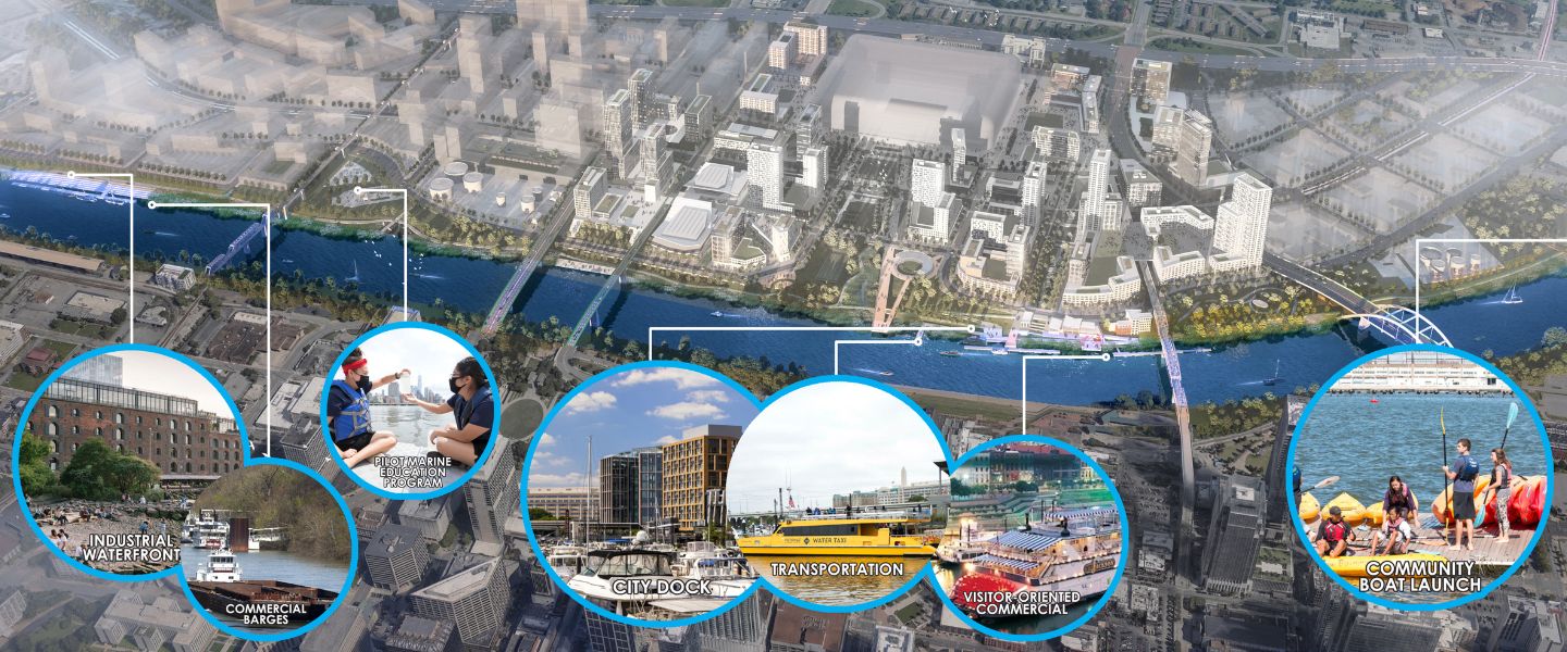 A water plan for Nashville's East Bank represents the myriad activities that will be available with the new development. 