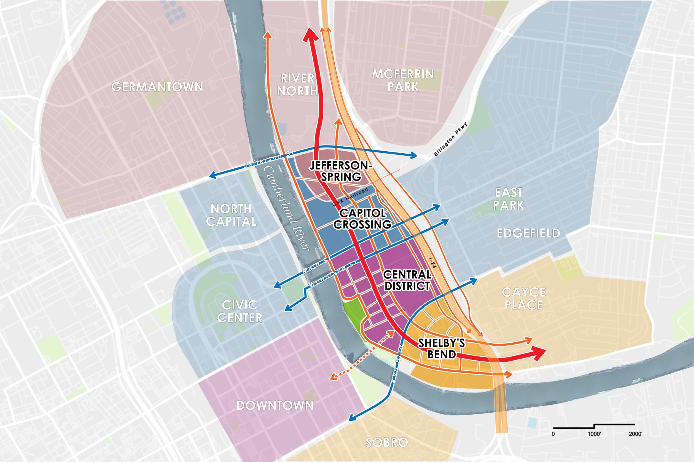 A map illustration showing the new grid of streets that will flow through Nashville's East Bank. 