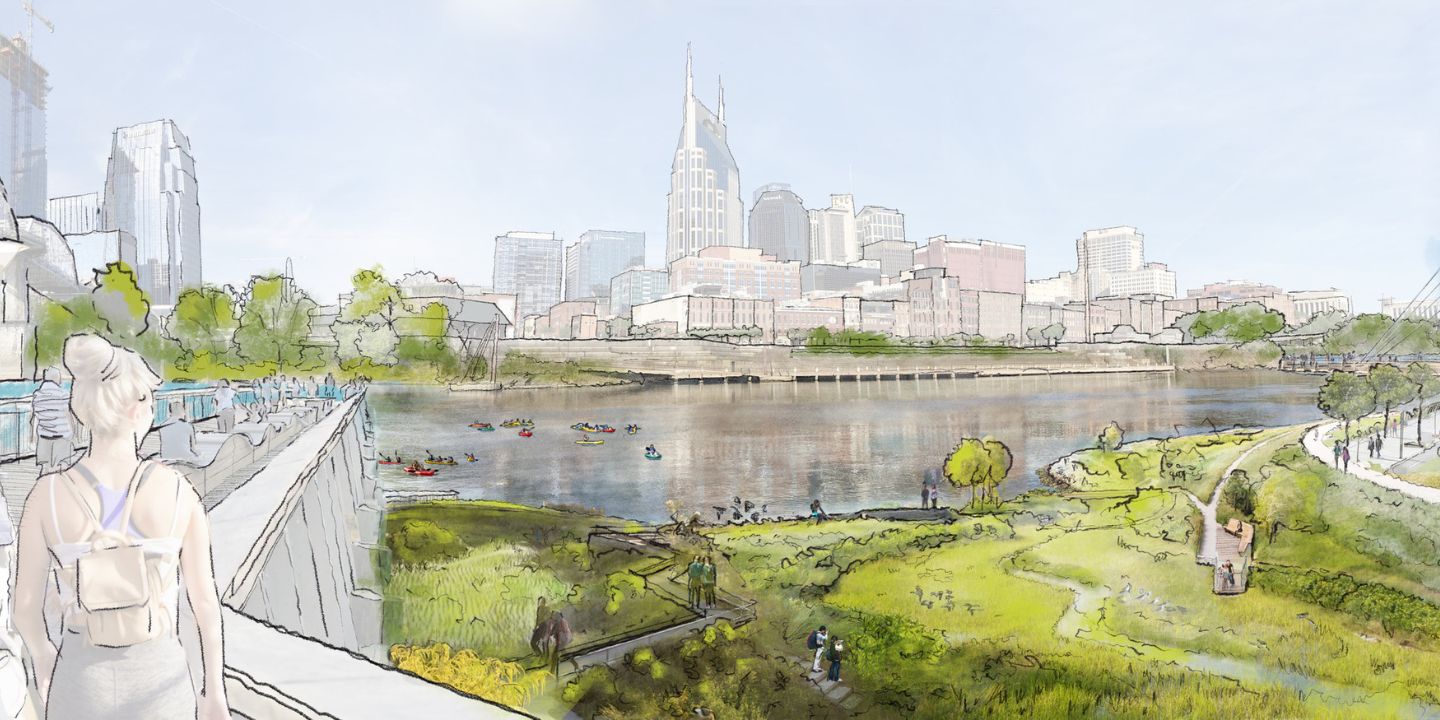 A rendering of a planned park on Nashville's east bank shows how it will also be used for stormwater management. 