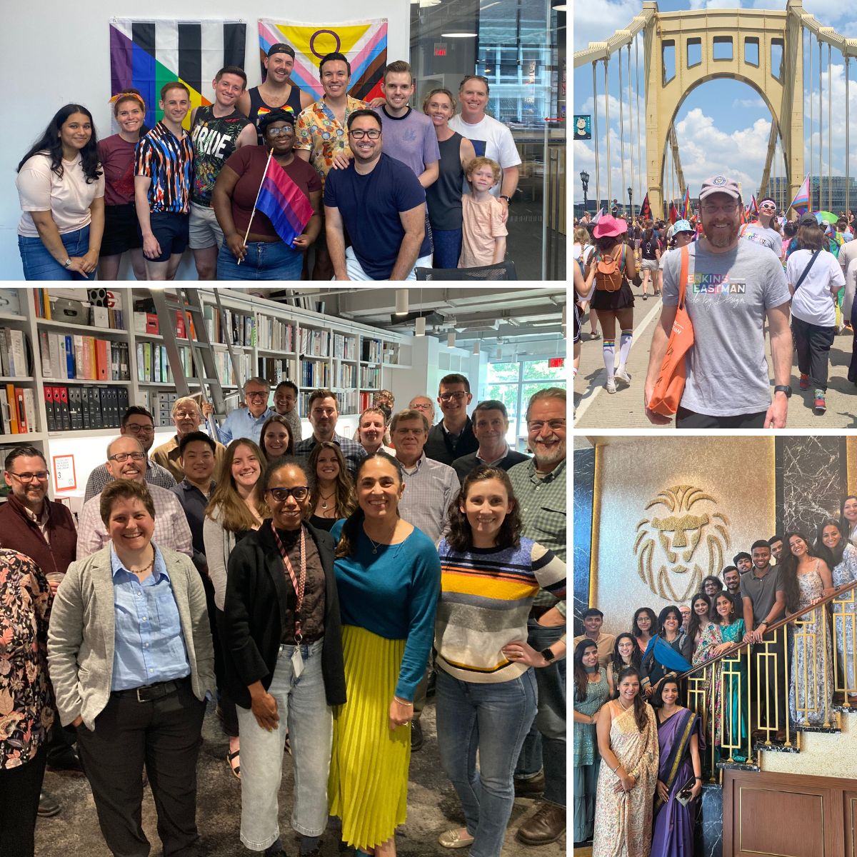 We celebrate the rich diversity of our people at Perkins Eastman architects. This photo collage shows them at the Pride Parade celebration in New York and Pittsburgh; our Mumbai studio celebrating Diwali; and People Culture Manager Emily Pierson-Brown hosting during her visit to our Stamford, CT, studio.