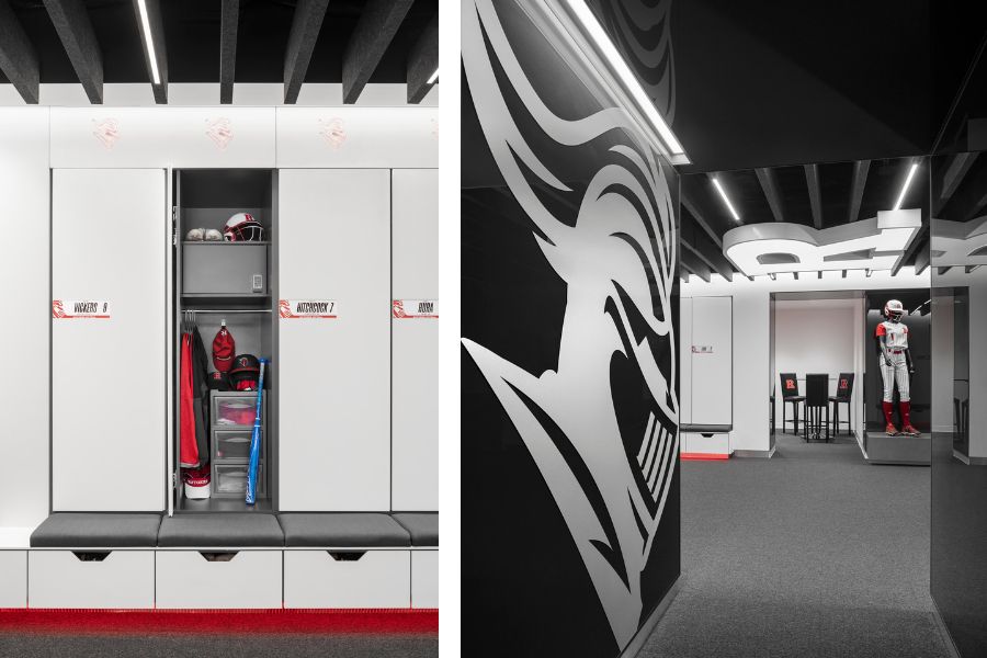 Rutgers University Women's Softball locker room display of open locker, meeting room off the changing area 