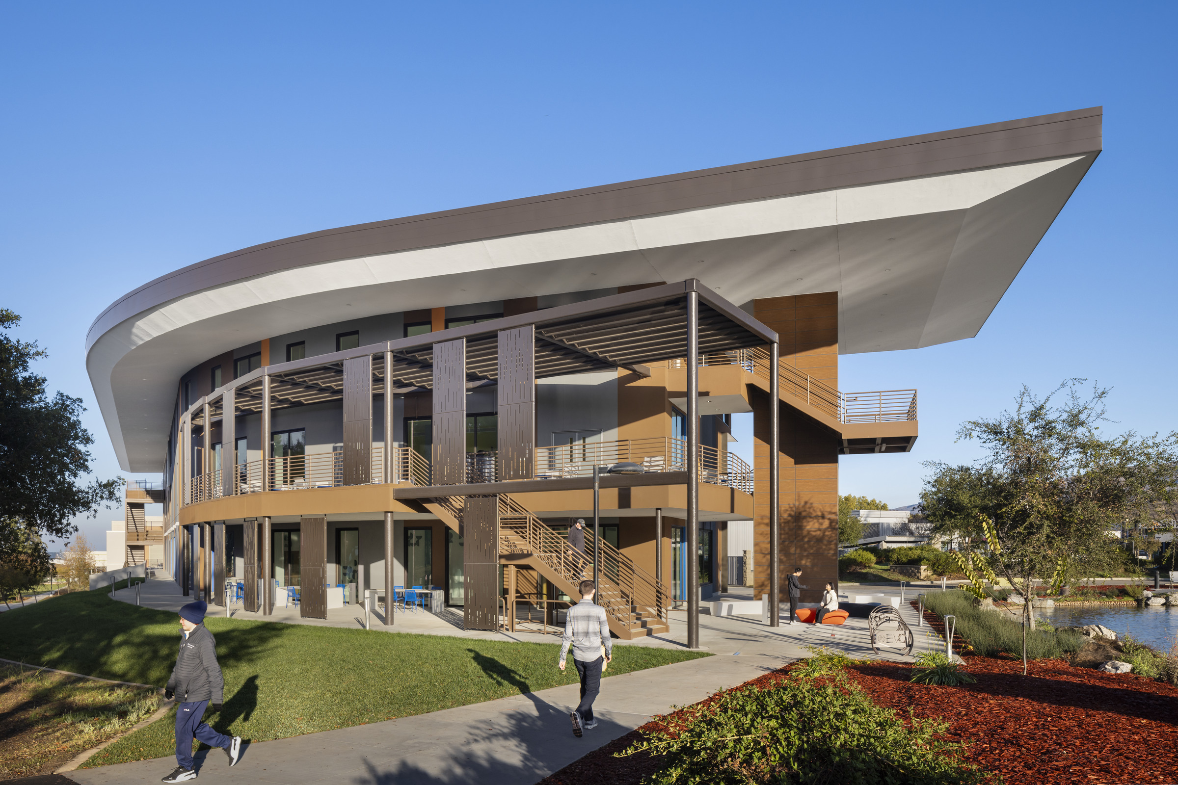 Evergreen Community College General Education building exterior with patios and lake, San Jose, California 