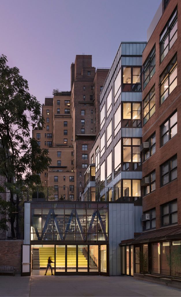 The new glass-walled great room, terrace, and upgraded courtyard at Friends Seminary School in New York.