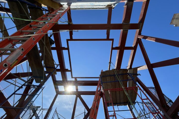 Construction photo showing the framing of the aperture for James Turrell's Skyspace at Friends Seminary School in New York 