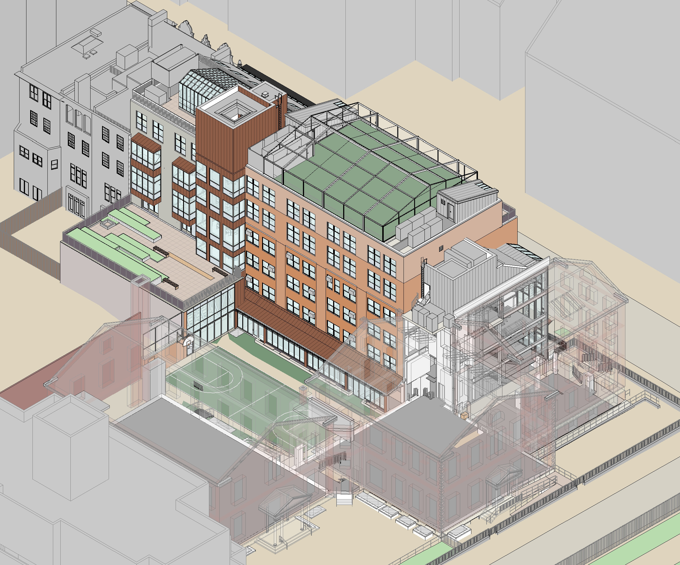 Rendering diagram for the renovations and James Turrell Skyspace installation at the Friends Seminary School in New York. 