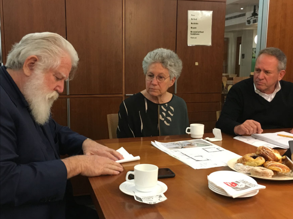 Artist James Turrell at his first meeting with Kliment Halsband Architect to discuss the design of his Skyspace installation at Friends Seminary School in New York 