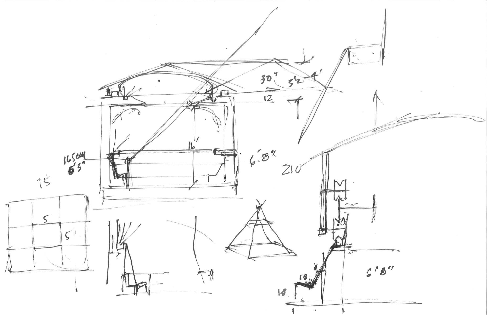 The concept drawing Turrell produced for his Skyspace at Friends Seminary School in New York included the idea for a retractable roof with an interior domeand dimensions for the interior seating. Courtesy James Turrell 