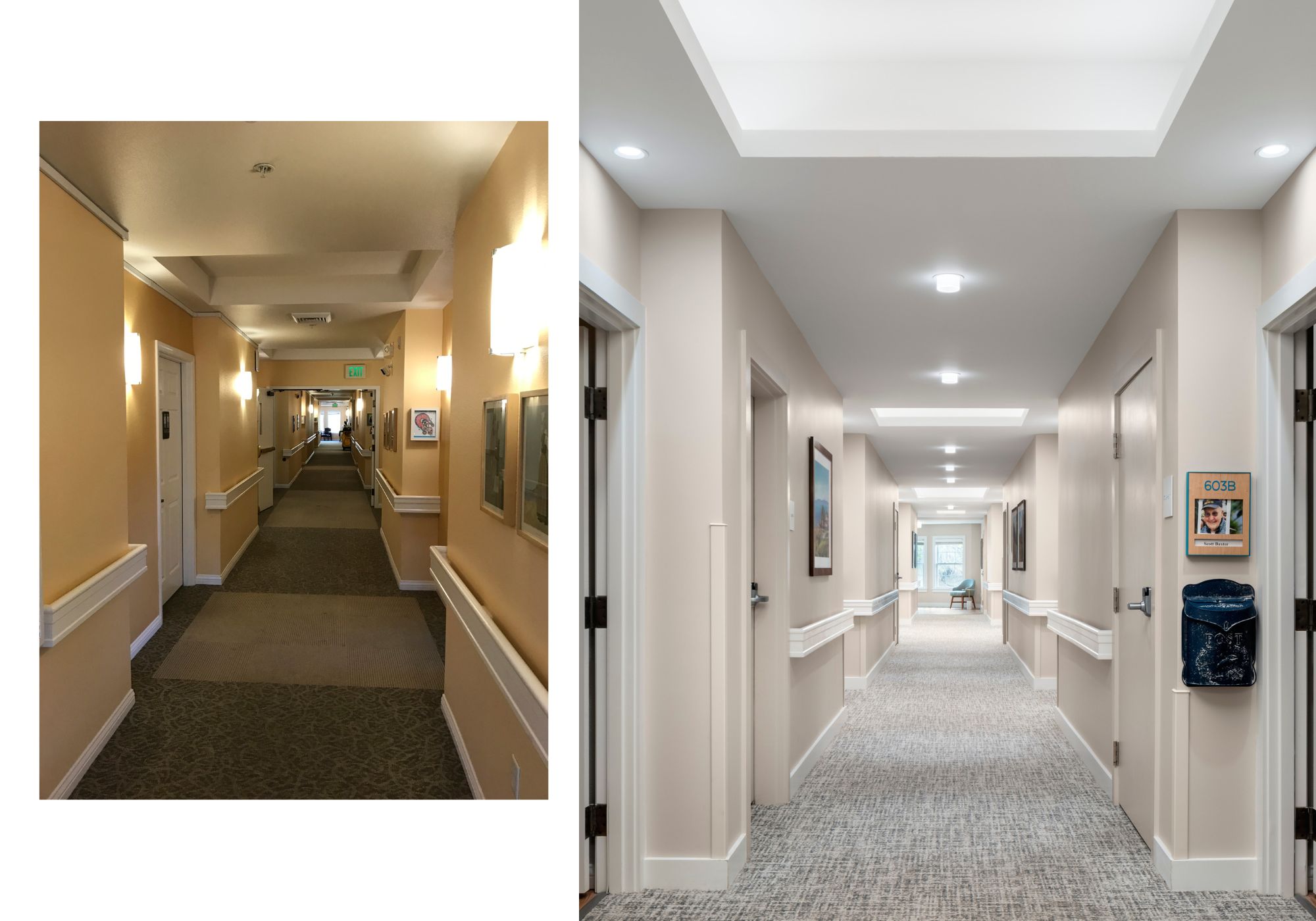 Before and after photos of a residential hallway in The Aldersly Retirement Community in San Rafael, CA