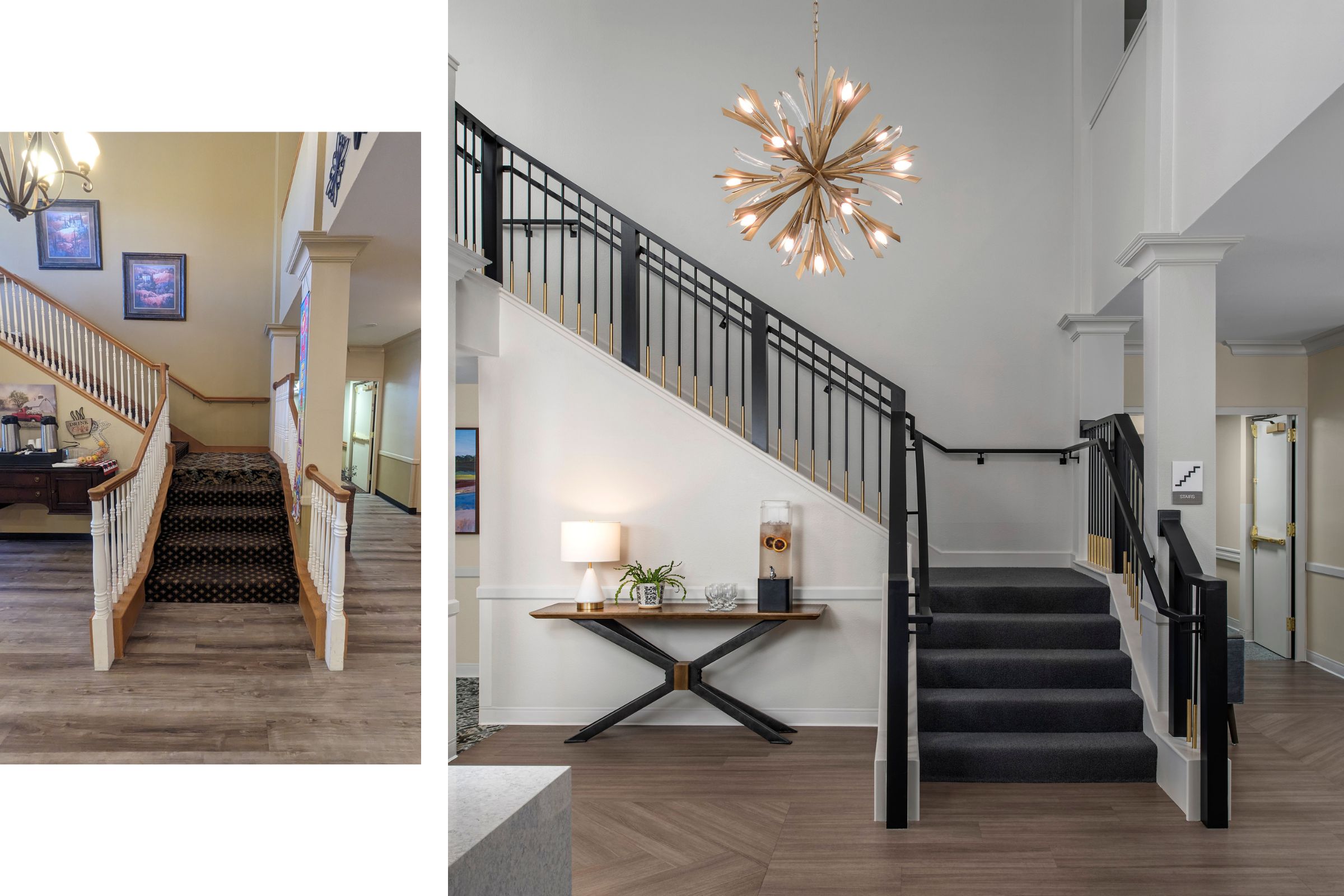 Before and after photos of the foyer and stairs at The Meadows Senior Living in Elk Grove, CA 