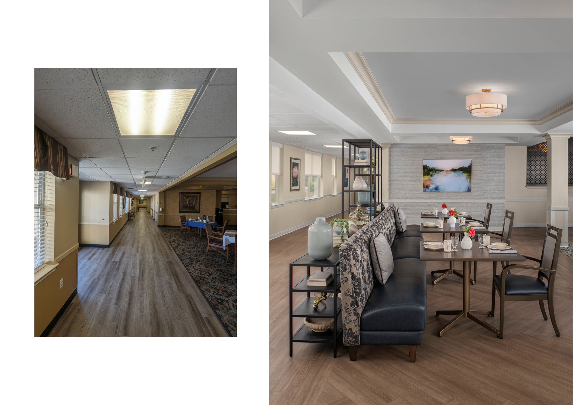 Before and after photos of the dining room at The Meadows Senior Living in Elk Grove, CA