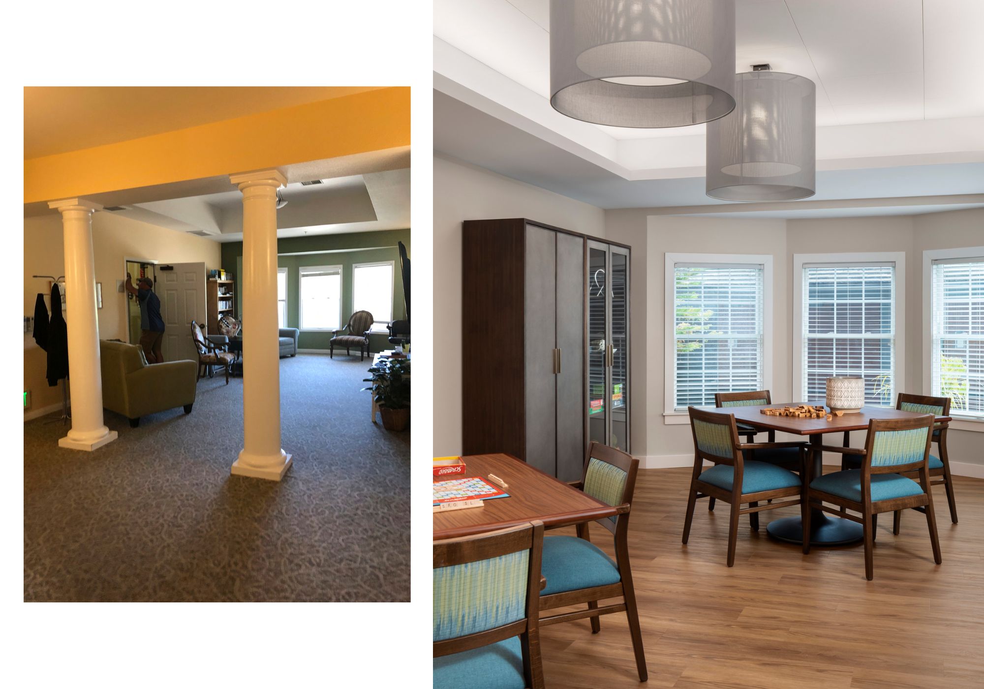 Before and after photos of the activity space in The Aldersly Retirement Community in San Rafael, CA