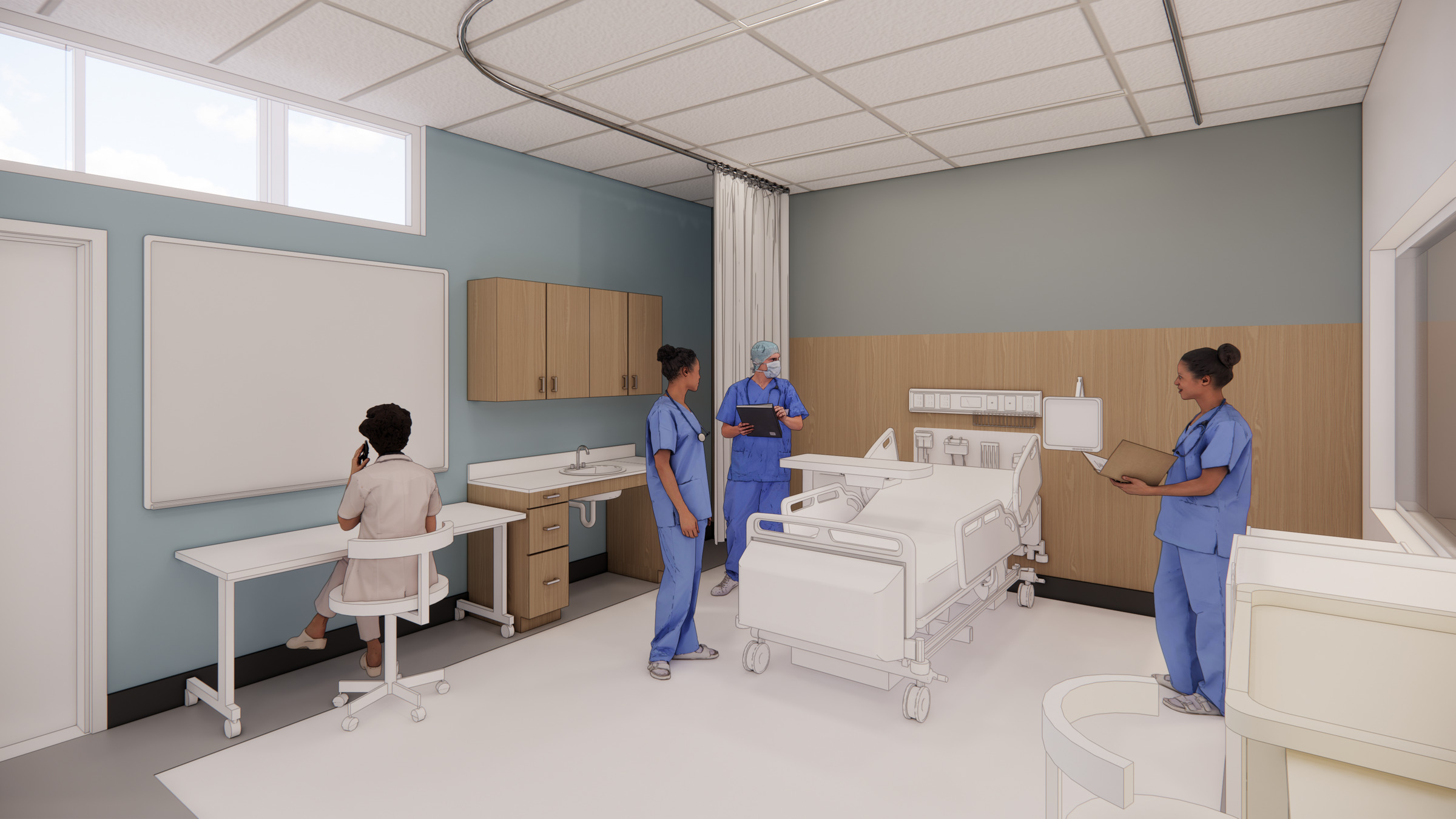 A rendering of the new nursing addition at Evergreen Valley College, designed by Perkins Eastman, simulates a real patient room in a healthcare environment. 