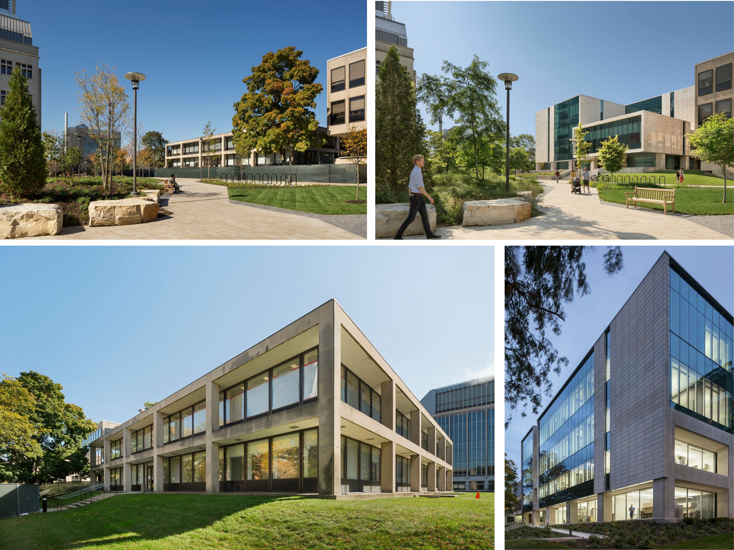 Before-and-after views of the Michelson Center for Physics illustrate how the formerly low-lying concrete-frame structure was transformed into a multistory building with dynamic facades, engaging more actively with the surrounding campus. 