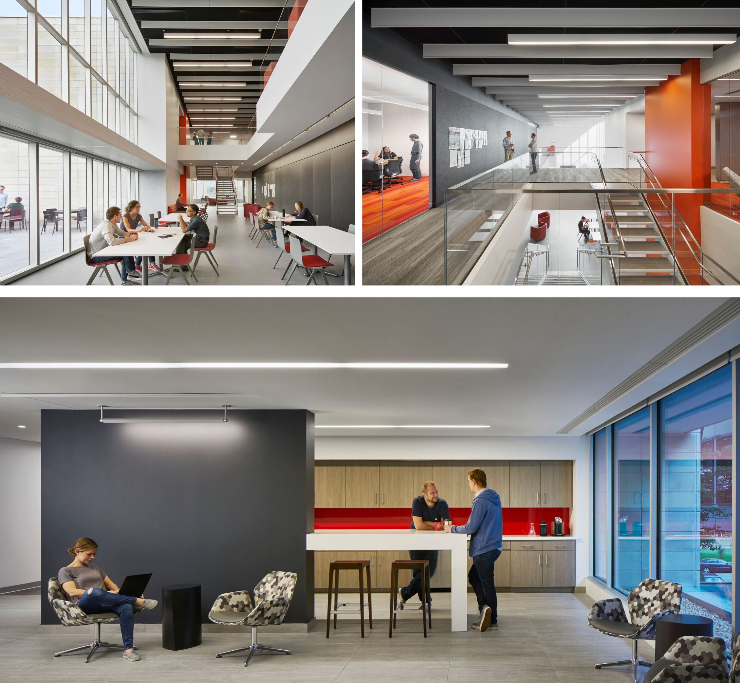 A sunny atrium, open stair, and roomy kitchen in the Michelson Center for Physics at the University of Chicago all feature blackboard walls for exchanging ideas. 