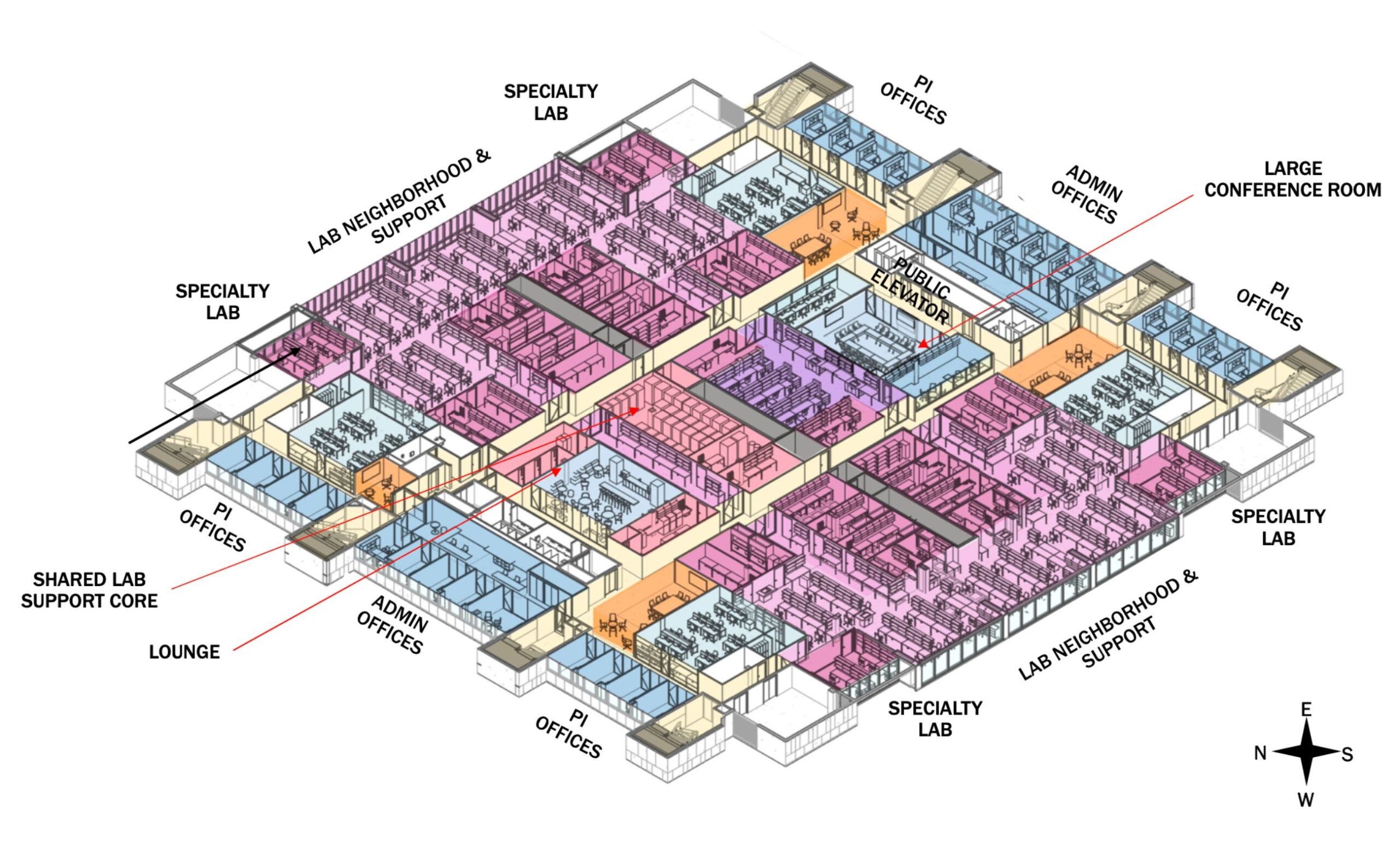 Axonometric plan of biomedical research laboratory at LSU Health in New Orleans.