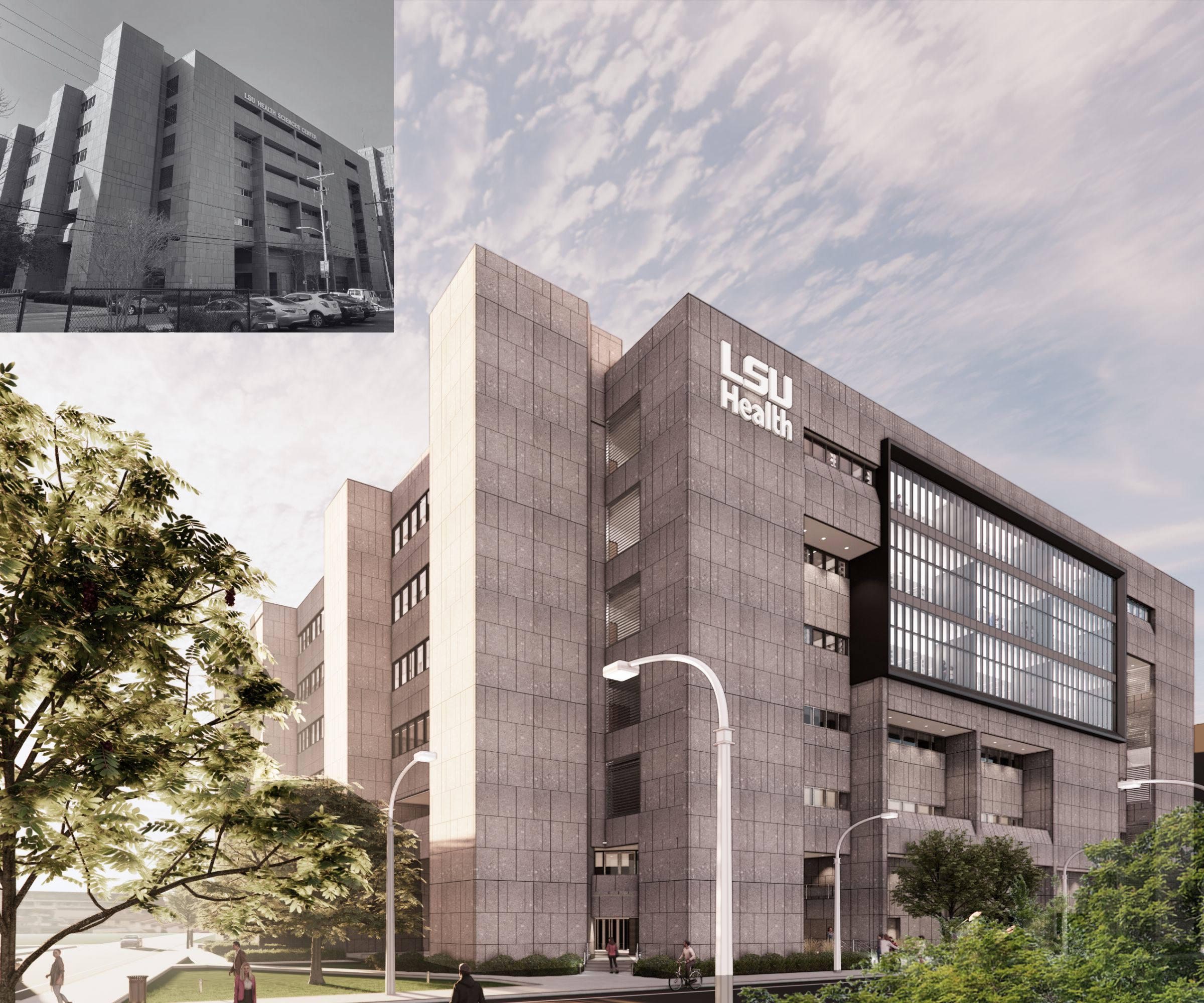 Rendering of new Medical Education Building at LSU Health in New Orleans, including a black and white "before" picture of the existing exterior. 