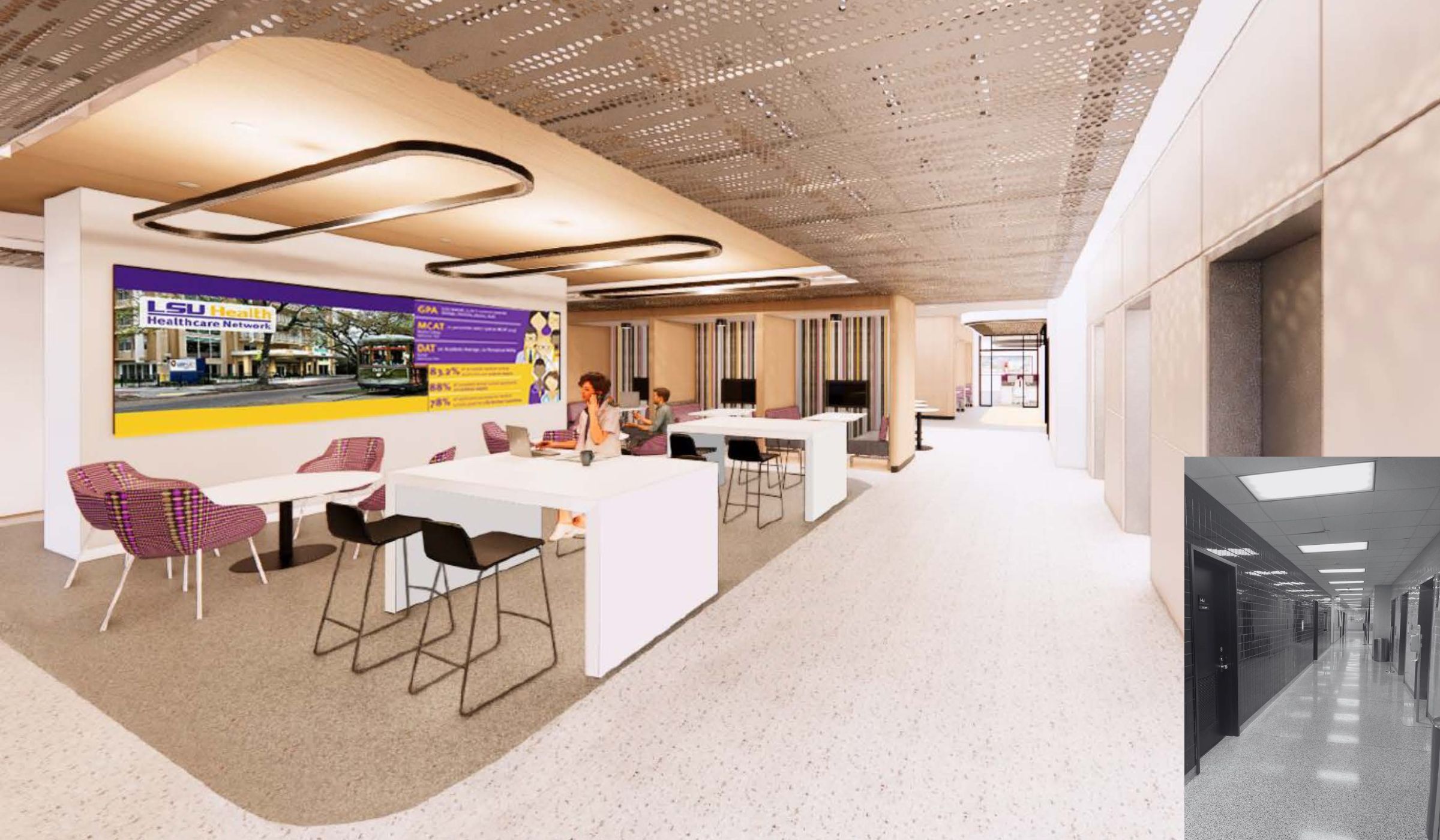 The rendering of an elevator lobby and lounge on a biomedical research floor of the renovated Medical Education Building at LSU Health in New Orleans